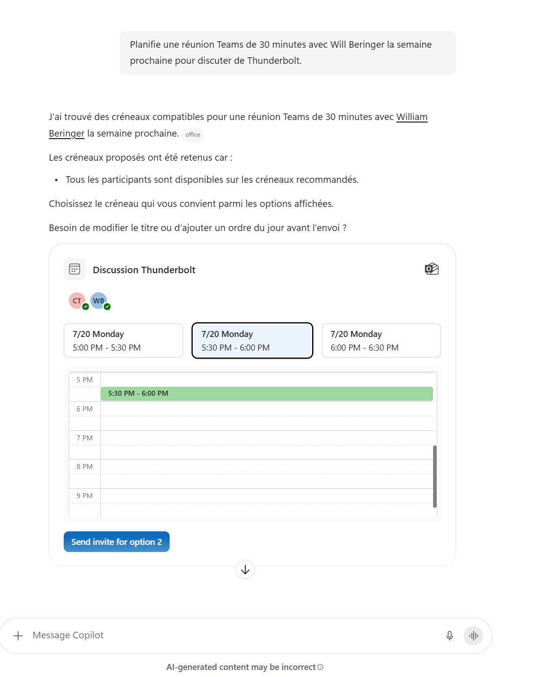 Schedule a meeting using Copilot : étape 1