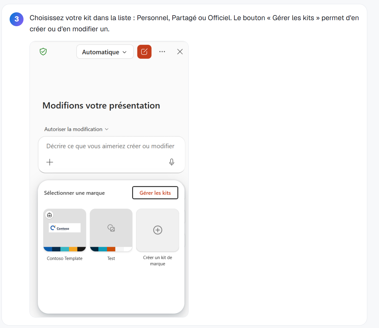 Use a brand kit from Copilot in PowerPoint : étape 3